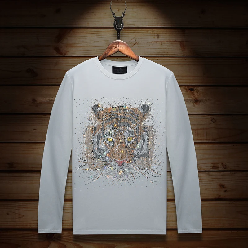 Plus Size Fashion Rhinestones Animal T Shirt for Men Autumn Clothes O Neck Long Sleeve Slim Casual T-shirts Camiseta Masculina