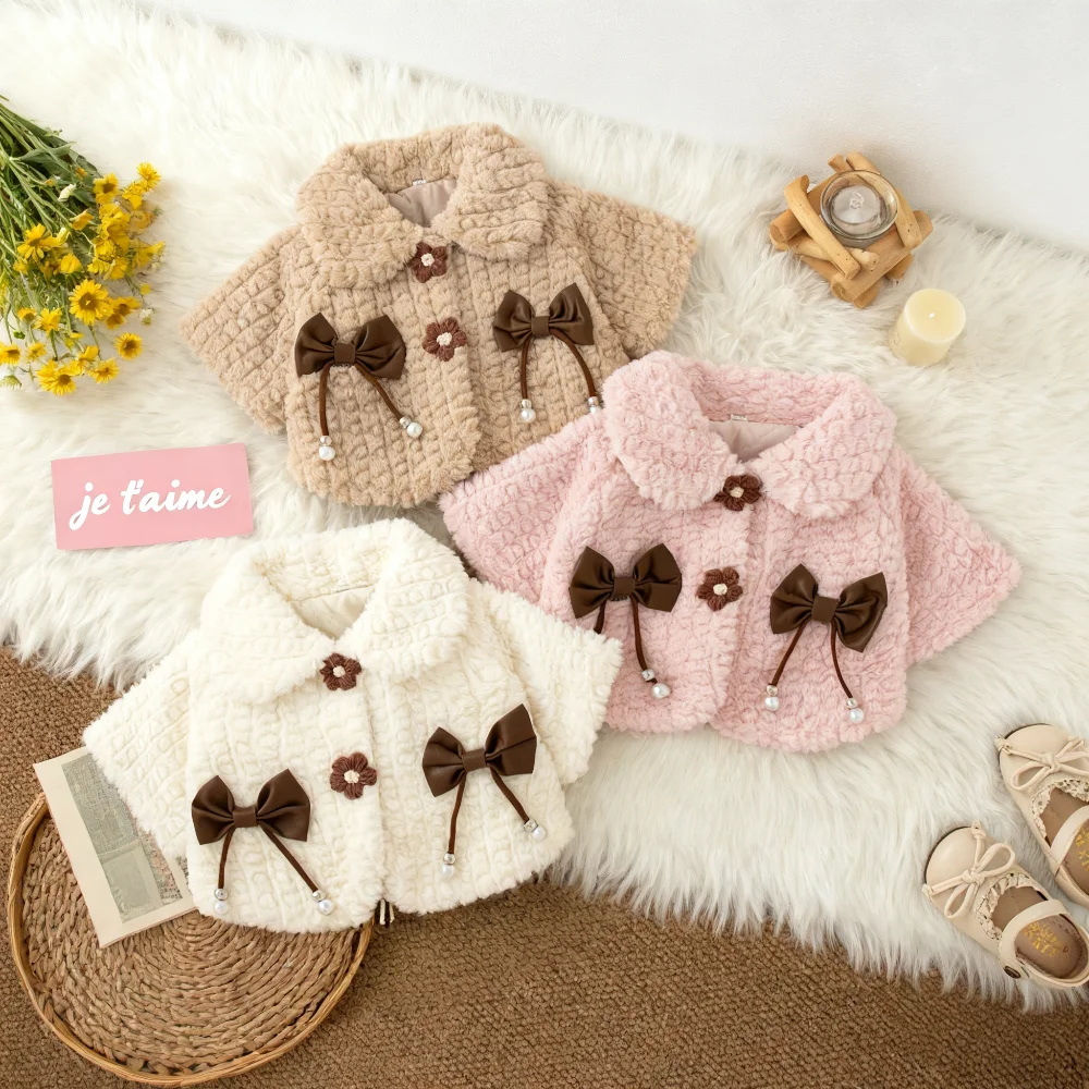 

Пальто для маленьких девочек, зимнее однотонное теплое пальто на овчиной подкладке для девочек, очаровательная верхняя одежда с бантом для малышей, одежда для маленьких девочек