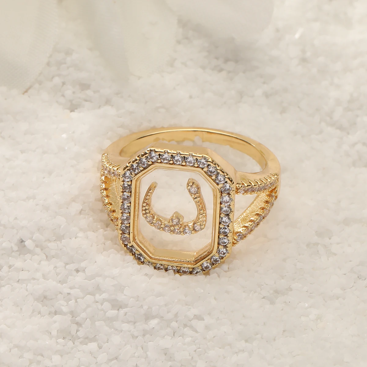 2022 New Design Women\'s Fashion Ring Simple Zircon Arabic Letters Glass Square Design Ring Arabian Style Party Jewelry Accessory