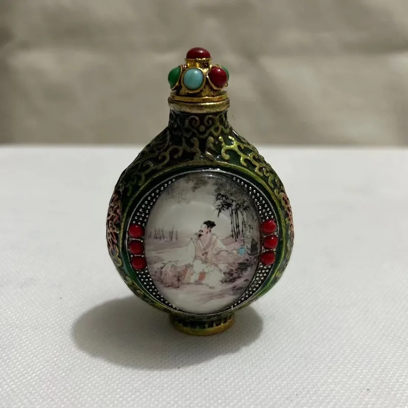Tibetan- Inlaid Turquoise Filigree Luminous , Vintage-Style Interior-Painted Snuff Bottle Ornament