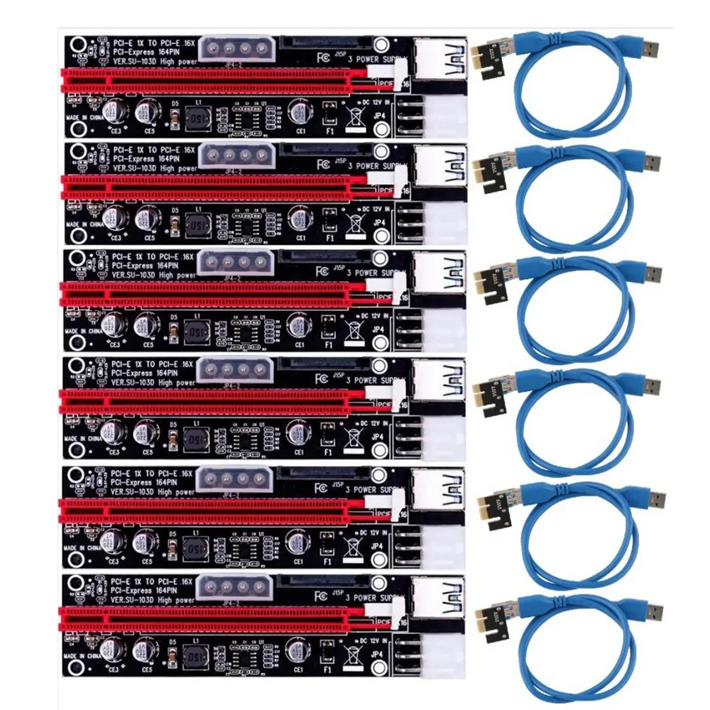 

6PCS VER103D 3In1 Power PCI-E Riser Card LED 4Pin 6Pin Sata 15Pin PCIE 1X to 16X 60CM Extension Cable for Bitcoin Miner