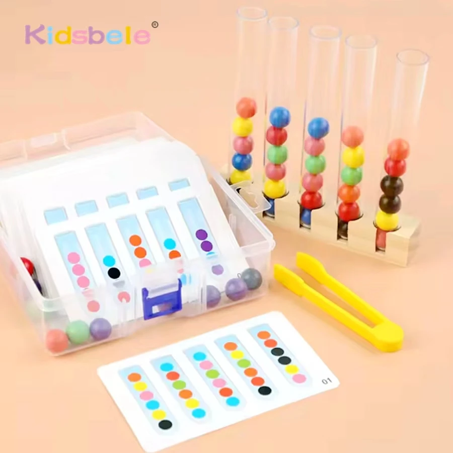 Rohrklemmball-Spielzeug für Kinder, Farbsortierung und Feinmotorik, Montessori-Stil, Lernspielzeug aus Holz mit Karten, 3–8 Jahre