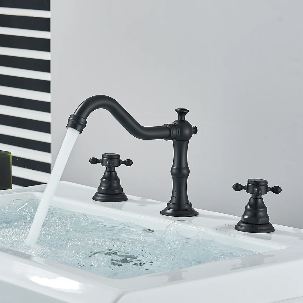 Uythner Black Basin Faucet Dual Handles Bathroom Tub Faucet Deck Mounted Hot and Cold Water Mixer Basin Tap Widespread 3 Holes