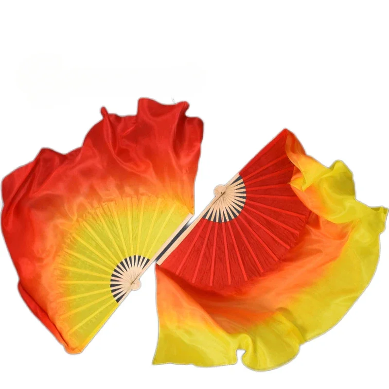 Fire Flame Silk Veil Extra Long Double Side Layers 100% Silk Bamboo Fan Red Orange Yellow Light Weight Dancer Show Props Chinese