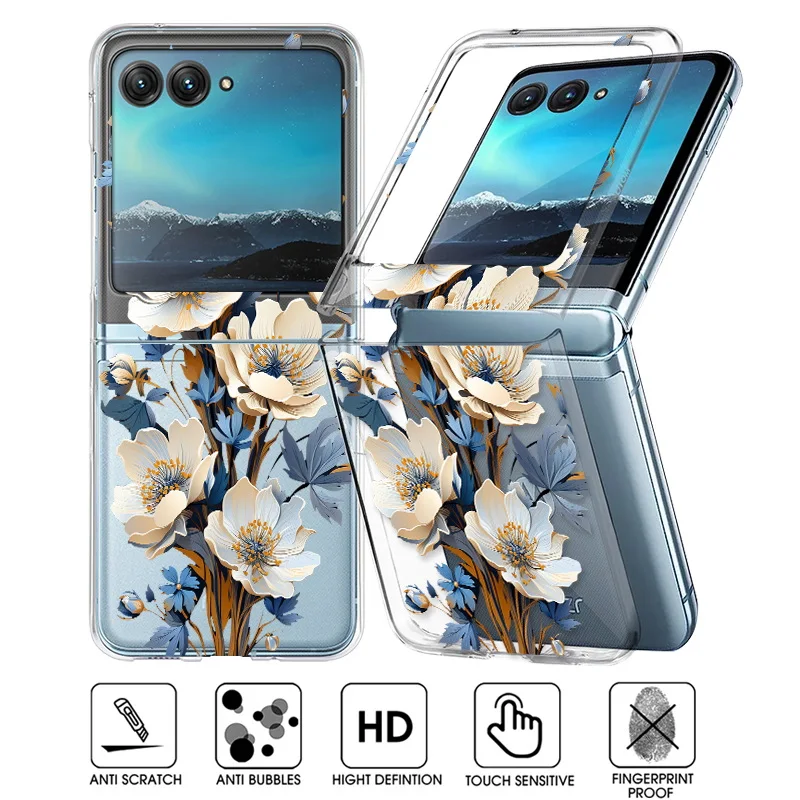 Floral Patterned Clear Case For Motorola Razr 50 40 Ultra Razr40 Razr50 Slim Shockproof Hard PC Transparent Folding Phone Cover