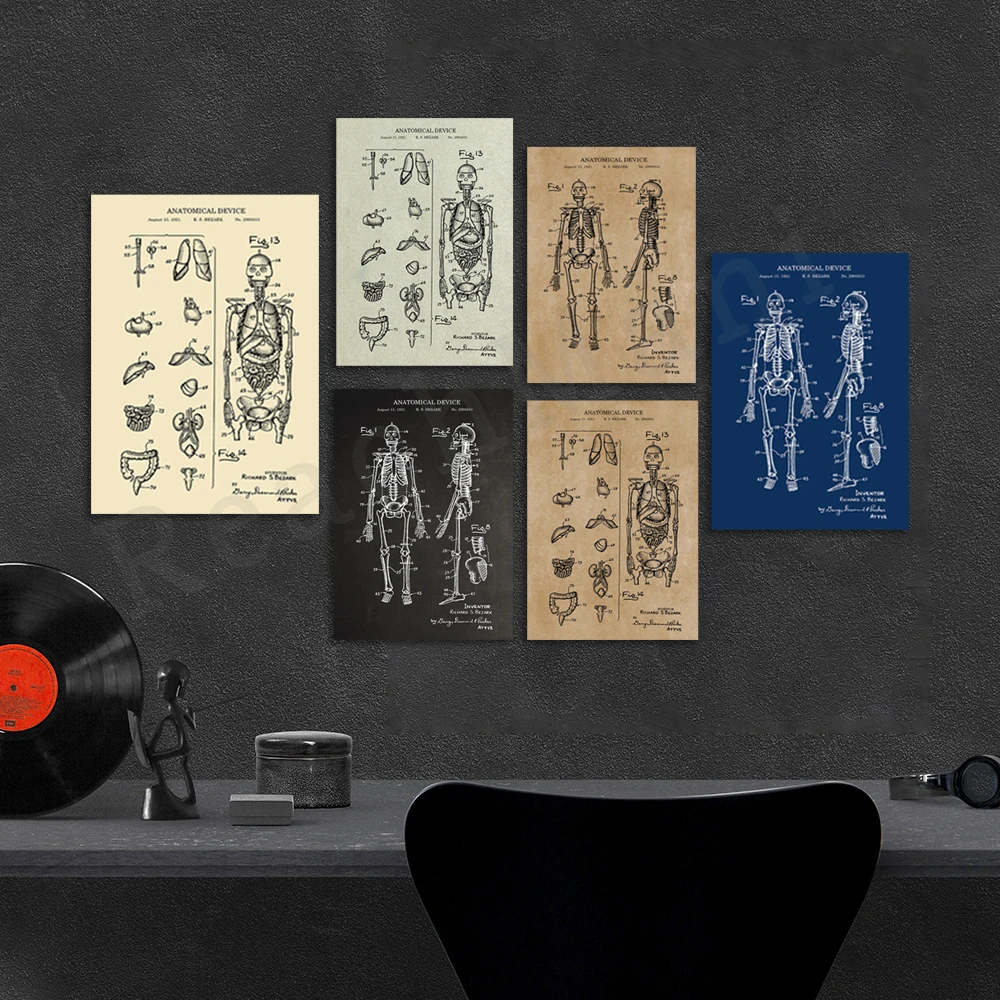 Anatomical Skeleton Patent Print, Body Organs Anatomy Skeleton Medical Student Gift, Blueprint Poster Decoration