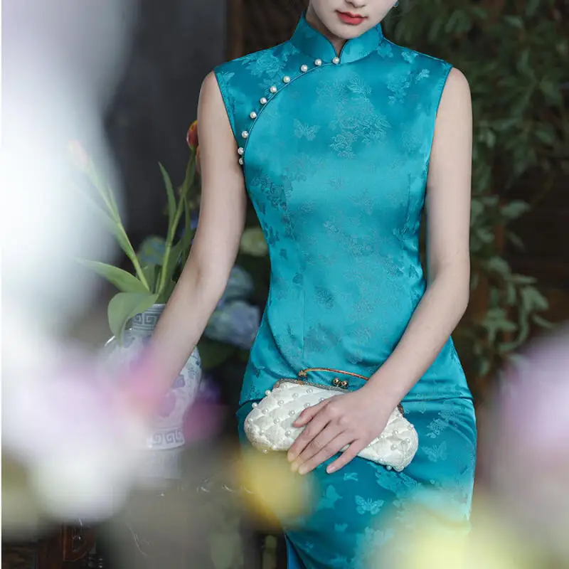 

Sexy Sleeveless Chesongam Women Blue Qipao Elegant Satin Improved Chinese Style Dress Jacquard Flower Party Vestidos Robe Gown