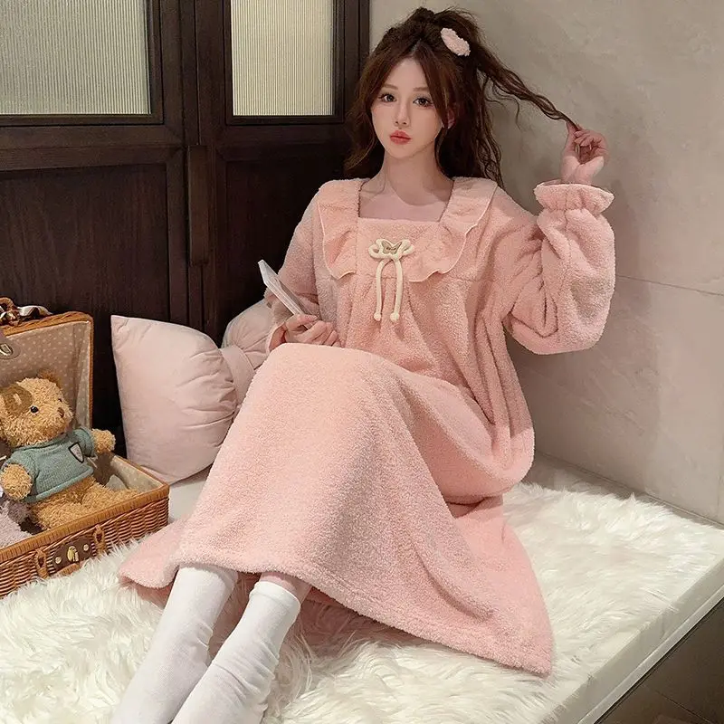 

2025 Winter Plus Size Sweet Princess Thick Warm Flannel Nightgowns for Women Long Sleeve Sleepwear Night Dress Nightdress Nighty