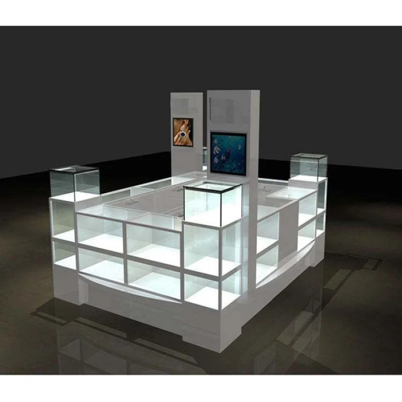 custom.2022 Latest Design Toughened Glass Light Box Black & White Style Retail Jewelry Showcase Mall Kiosk