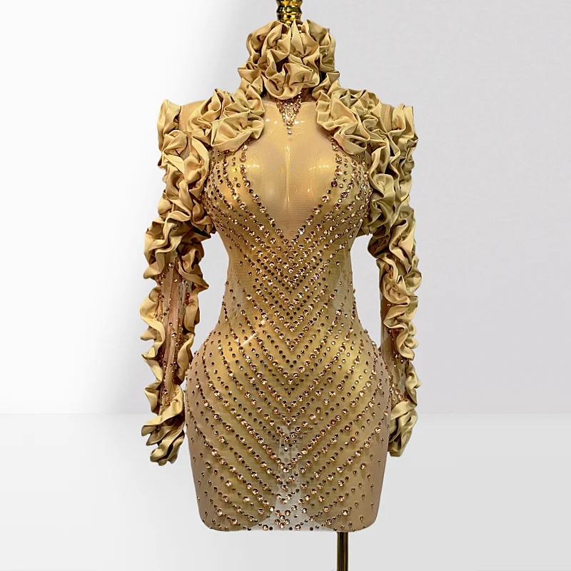 

Champagne Color Luxury Sparkling Diamonds Mesh Sexy Throug Puffy Sleeve Mini Dress Fashion Woman Party Performance Costume