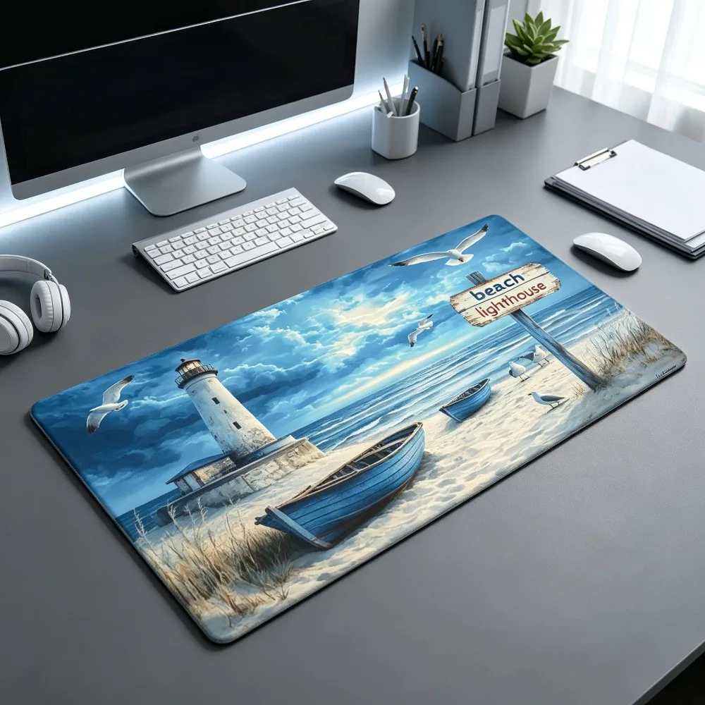 Seaside Lighthouse Beach Scenery Extra Large Mouse Pad, made of micro-woven fabric and natural rubber keyboard pad, with rubber