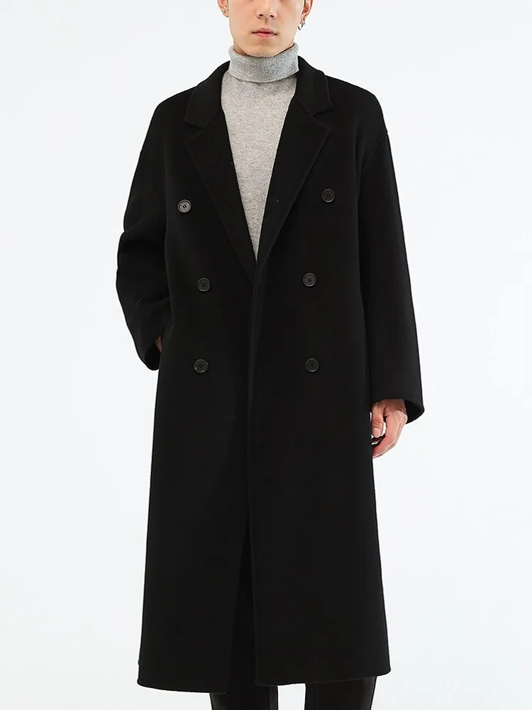 Autumn Winter Mens Double Breasted 100% Wool Long Coat Double Sided Woolen Business Work Windbreaker Trench British Style Coats