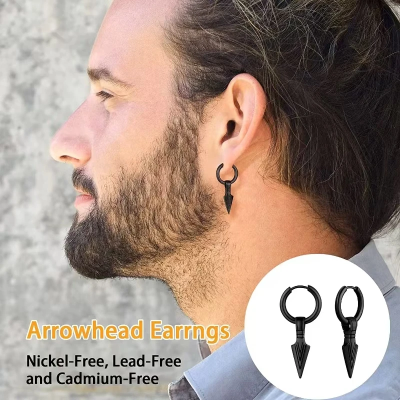 Triangular spearhead for men and women retro arrowhead punk earrings, stainless steel metal ear accessory gift, black, golden, w