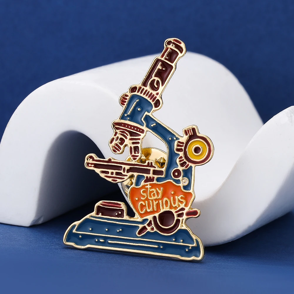 Science Microscope Enamel Brooch Pin Stay Curious Biology Lapel Badge Collectible Jewelry Gift for Doctor
