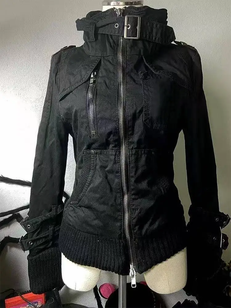 Amerikanischer Retro-Gothic-Stil Jacken Harajuku Eleganter Schwarzer Mantel Y2k Stehkragen Reißverschluss-Sweatshirts Lässige Streetwear-Kleidung