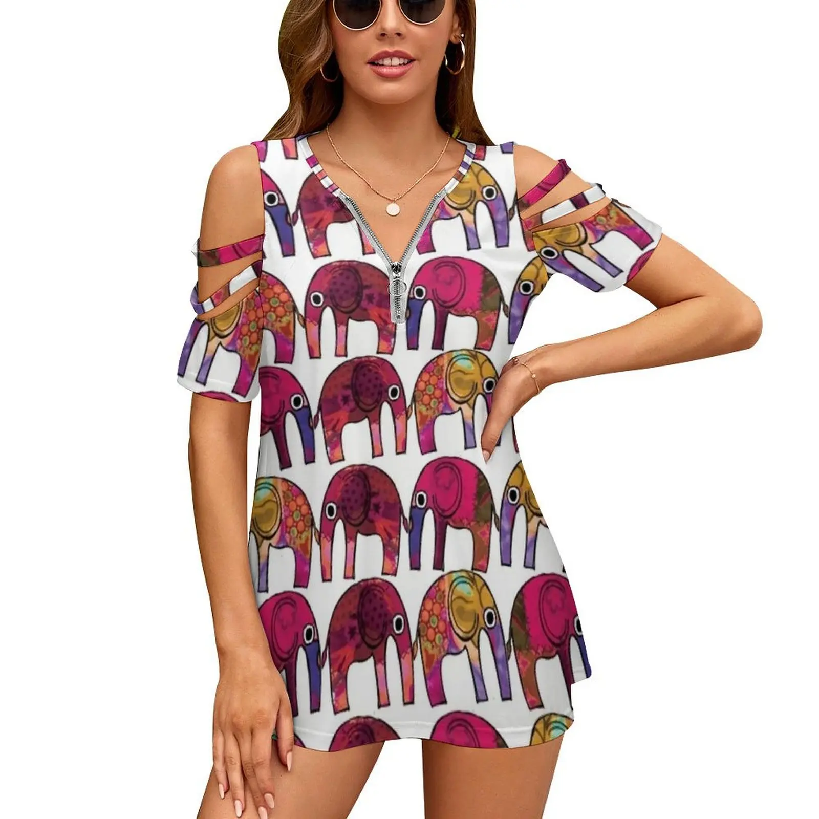 Patchwork Elephant Women's T-Shirt Summer Fashion Print Floral V-Neck Zipper Tshirt Hollow Pullover Ladies Top Repeat Pattern