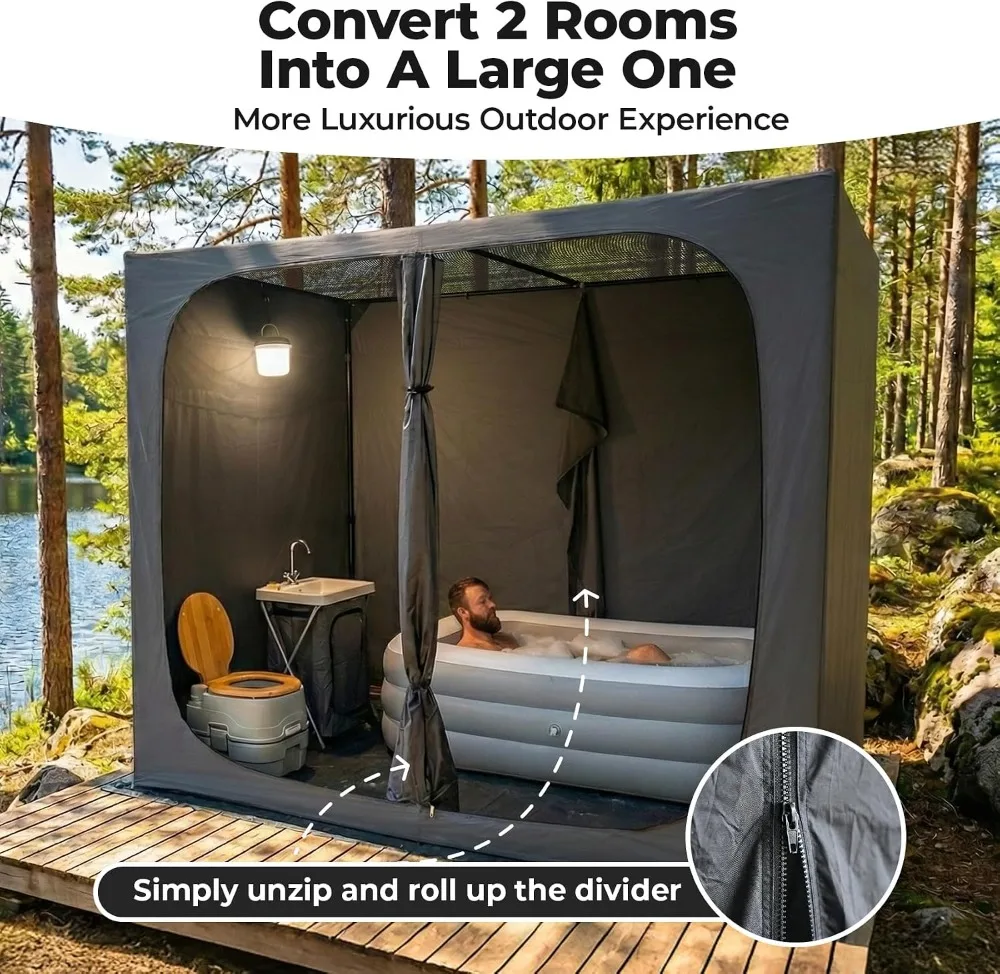 2-Room Shower Tent, Outdoor Changing Room with Floor & Doors, Privacy Canopy for Pool, Beach, Camping view 6