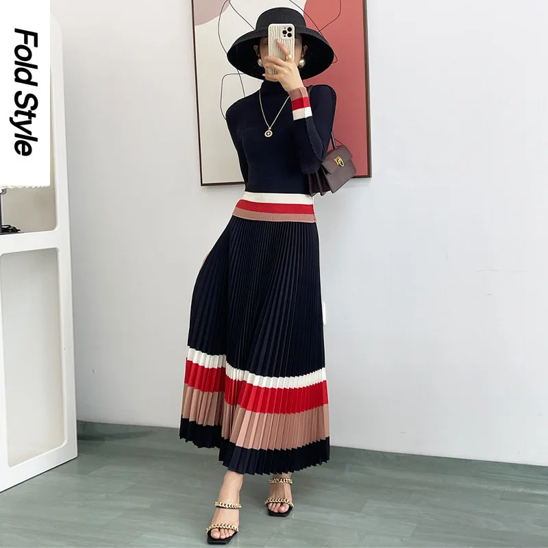 Long Halfskirt Set Women's Long Sleeve T-shirt Underlay Women's Temperament Commuter Pleated Skirt Premium Two Piece Set