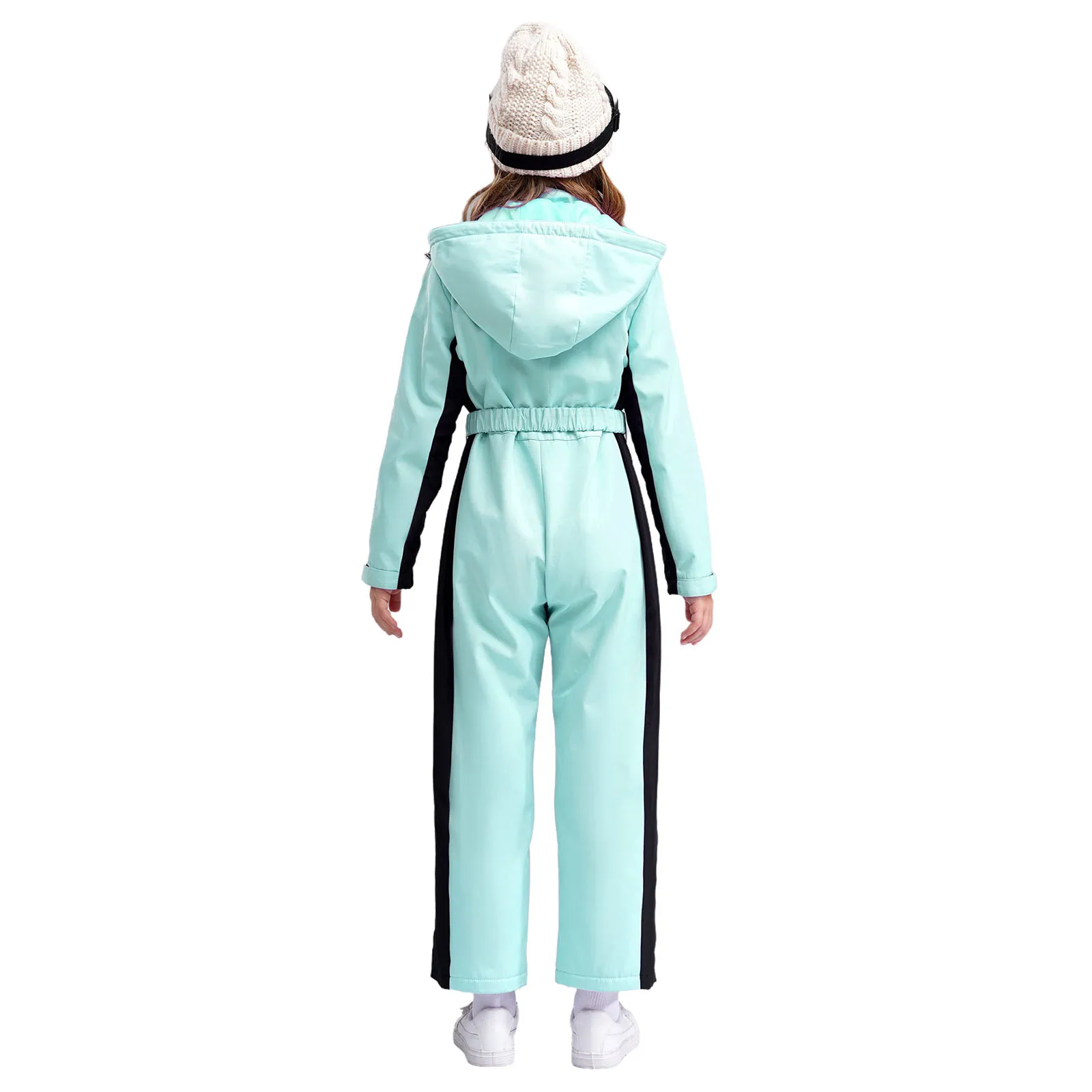 Girls Ski Suits Removable Hooded Skiing Jumpsuit Waterproof Snowsuit with Belt Winter Outdoor Snow Sports Snowboard Coveralls