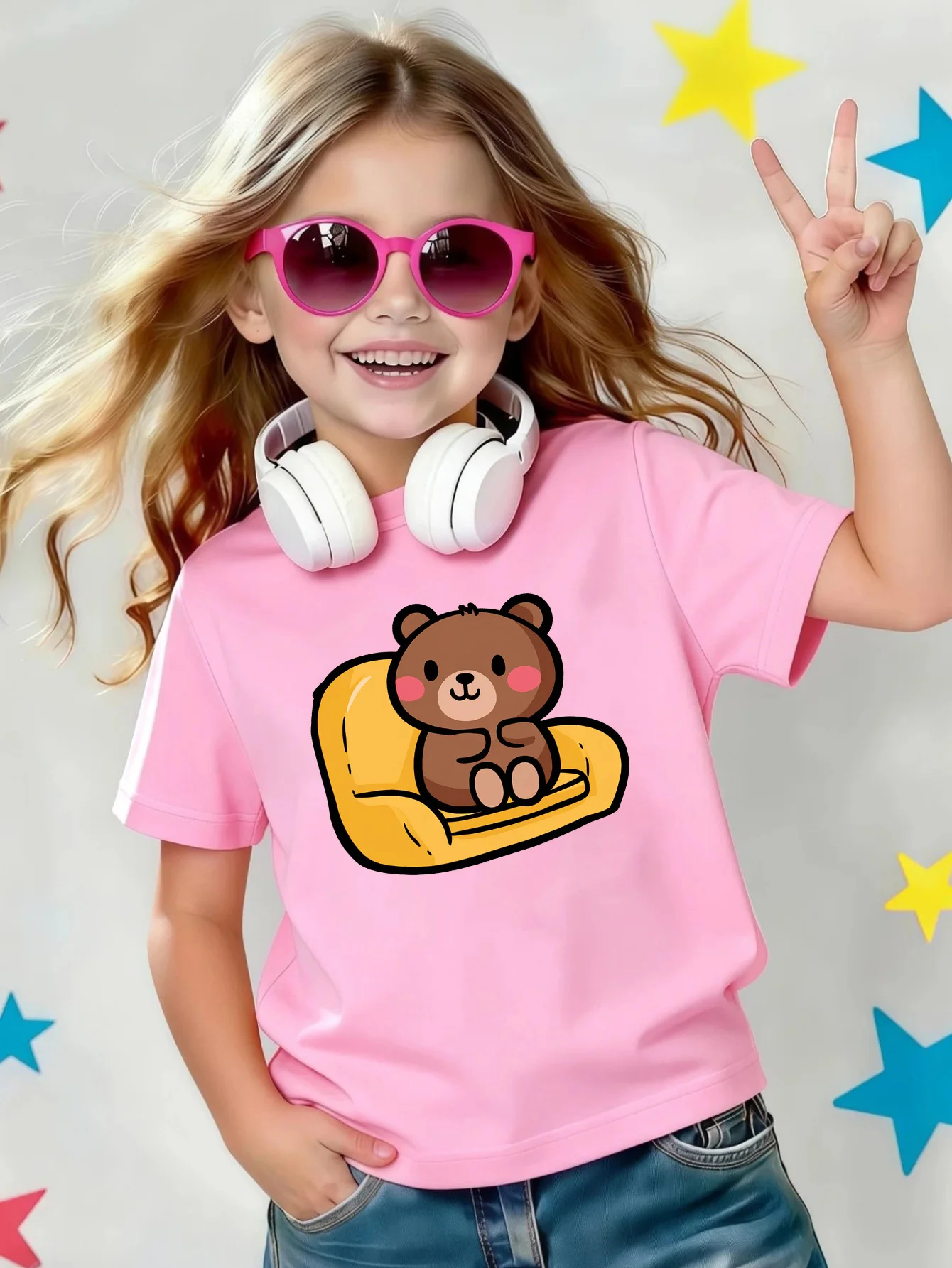 Cute Brown Bear Sitting On Sofa Lovely Cartoon Print Kids Tee Boys Girls Cotton Summer Soft Casual Unisex Short Sleeve Shirts