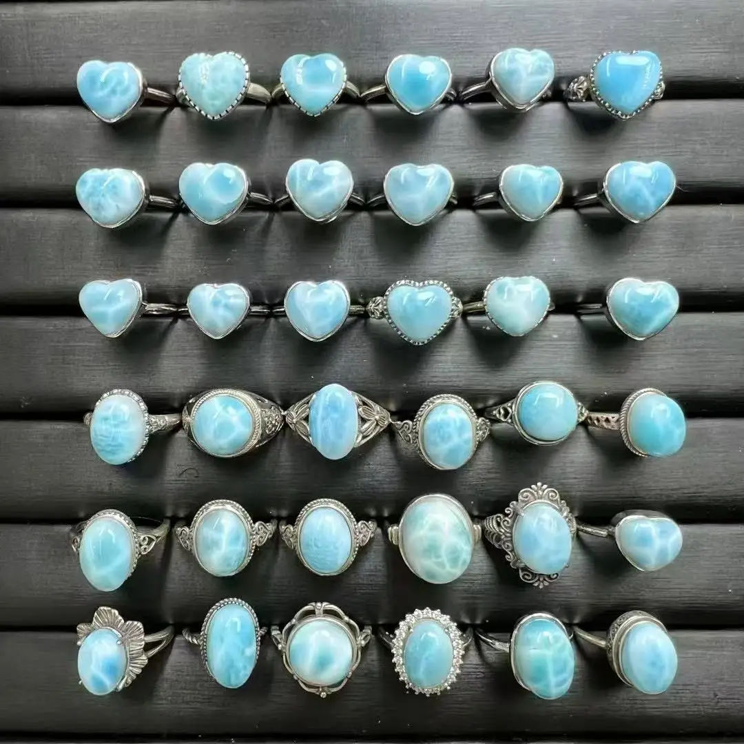 

Unit One Piece 925 Silver Inlay Natural Larimar Crystal Random Shape Finger-rings for Meditation