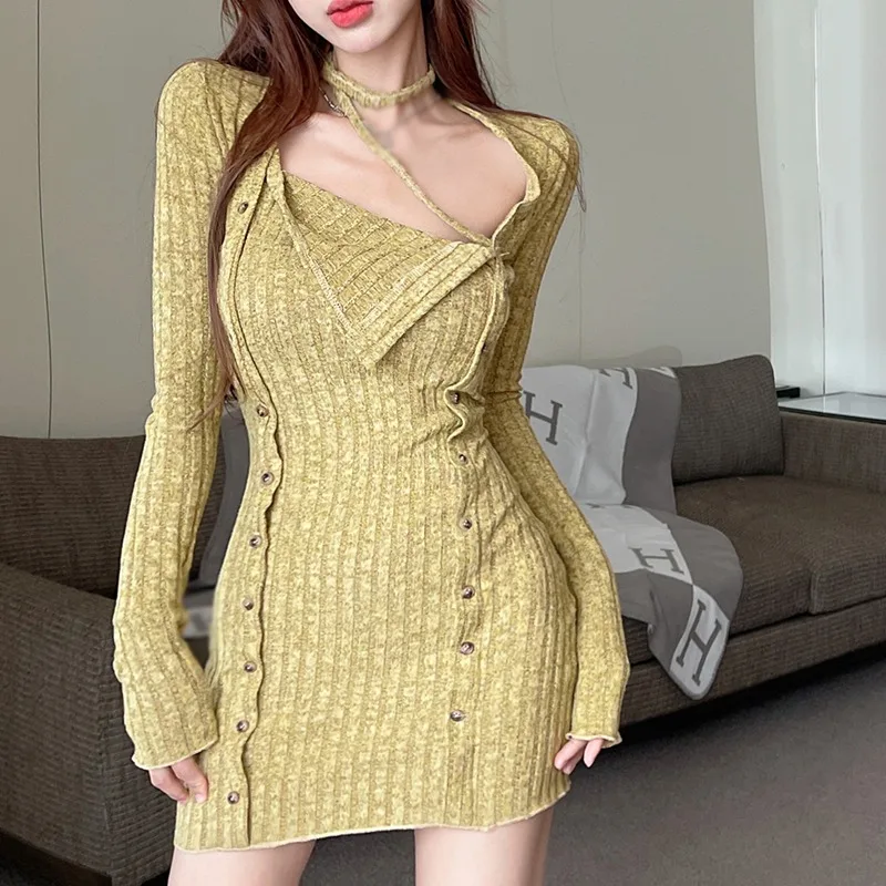 Women Neck Design Sense Long Sleeve Tight Dress Short Split Long Sleeve Base Shirt Top Spice Girl Party Wear Nightclub Summer