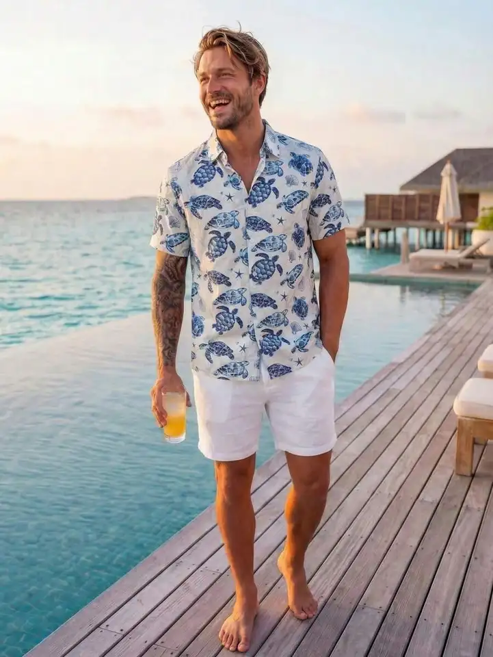 Men Turtle Print Hawaiian Casual Beach Shirt