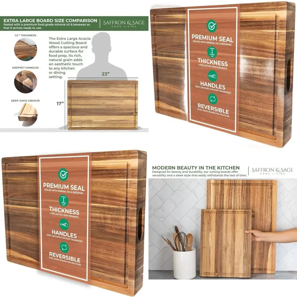 

Large 23x17 Acacia Wood Cutting Board - 1.5 Inch Thick with Juice Groove, Reversible for Kitchen & Charcuterie