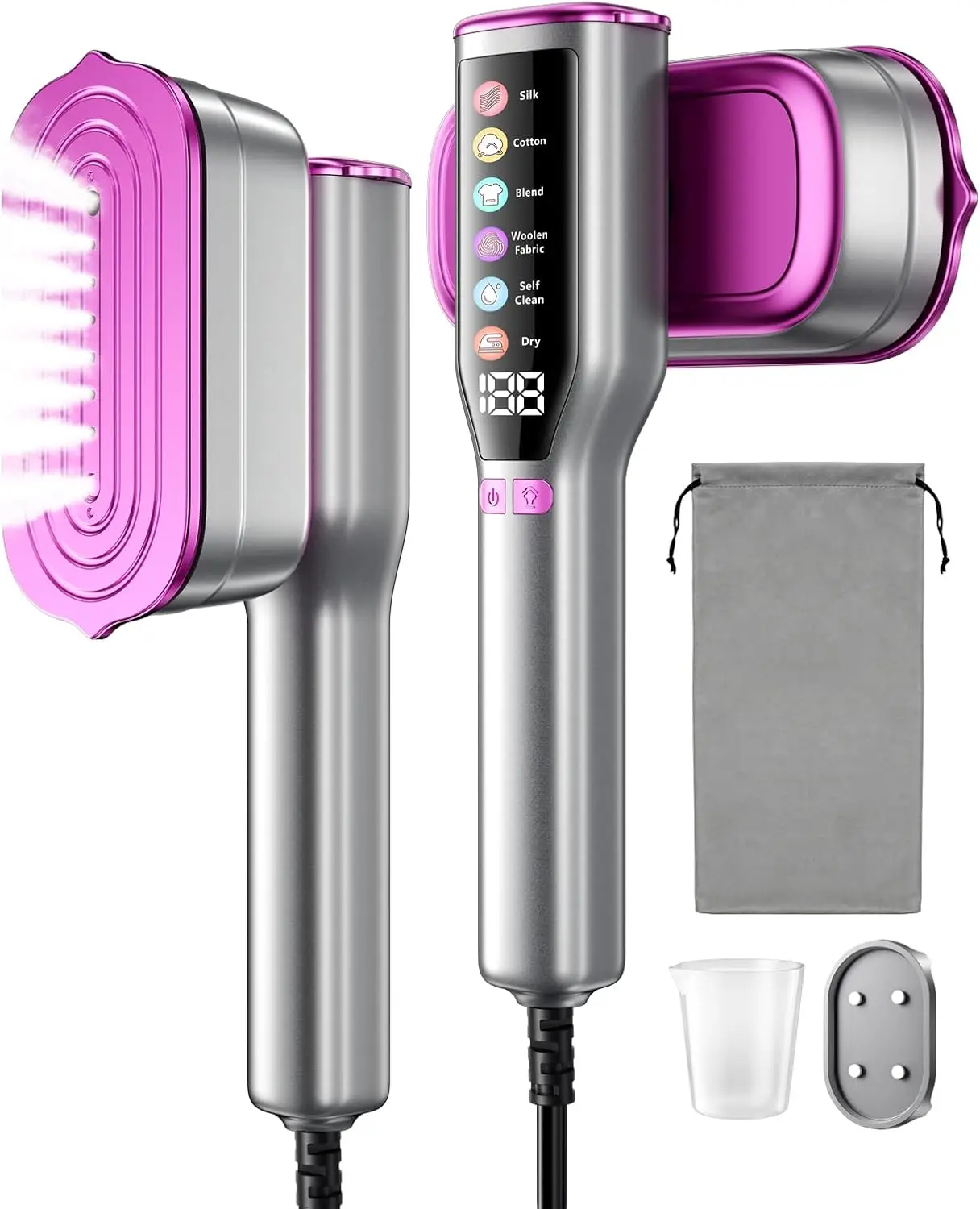 

Паровой утюг 2-в-1, быстрый нагрев за 10 секунд, LED-дисплей, 6 режимов, большой резервуар, функция самоочистки, портативный для путешествий, дома и офиса