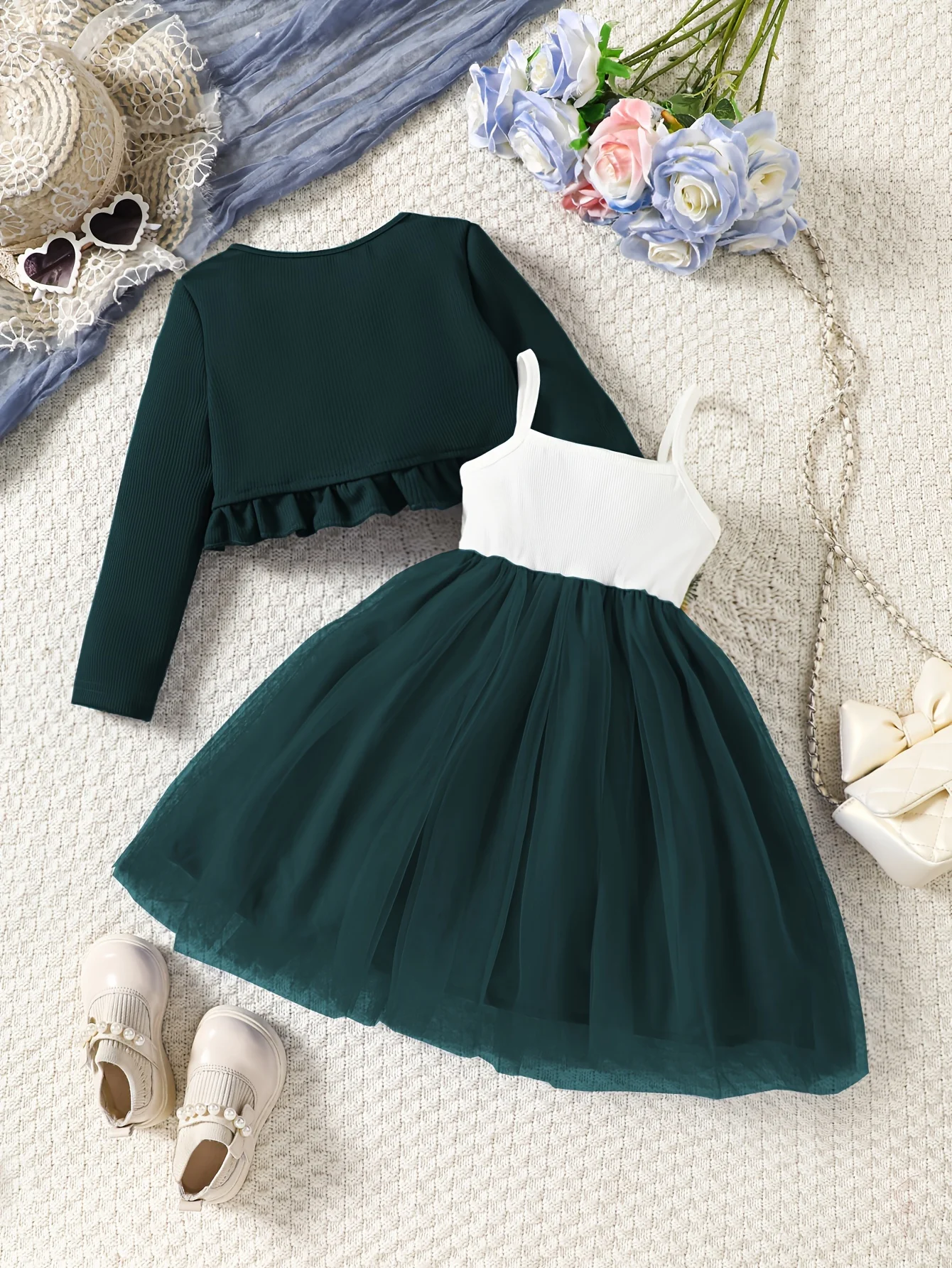 Girls' Casual Fashion Knit 2-Piece Set: Strap Dress Set with Ruffled Jacket and Floral Embroidery Dress Set. Holiday Party Gift, Suitable for Girls Aged 2-8