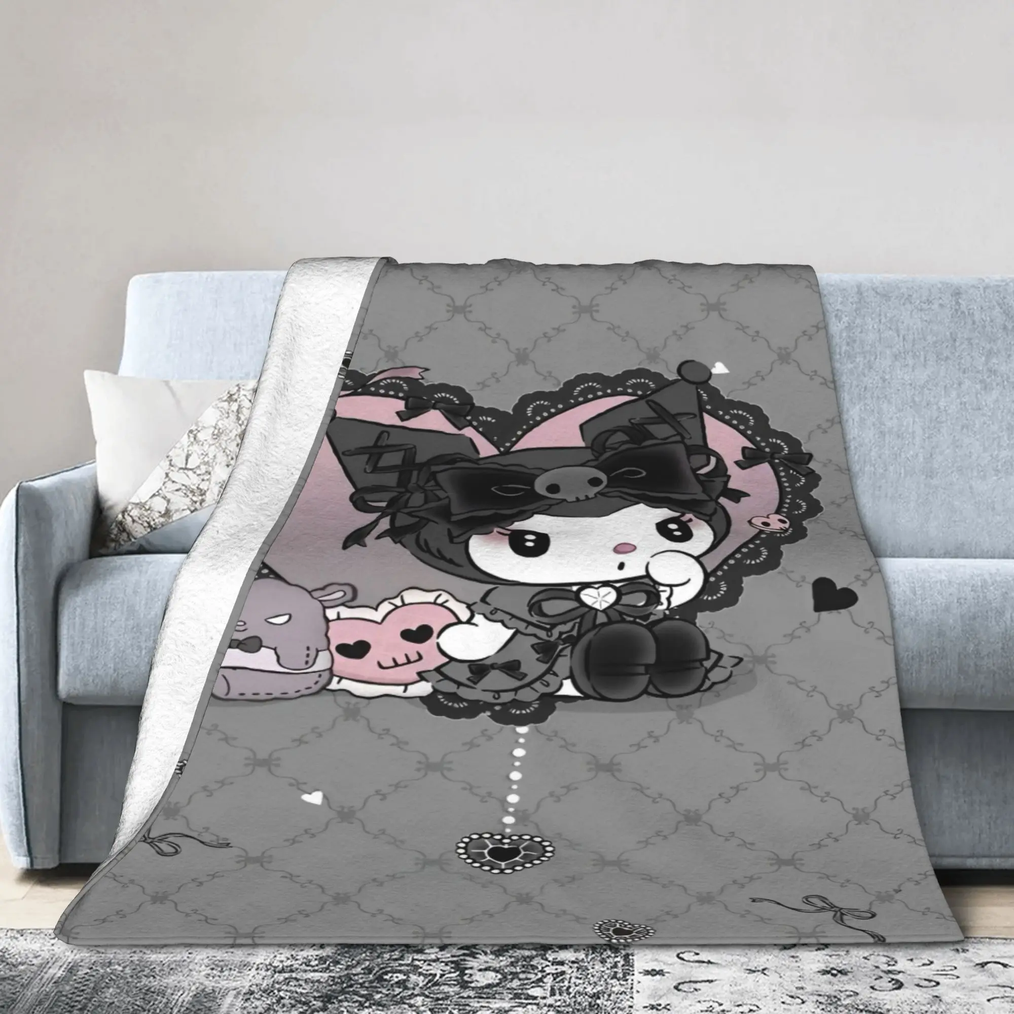 لطيف Kuromi Baku الكرتون بطانية الفانيلا مضحك الدافئة رمي البطانيات للمنزل مطعم الديكور #2