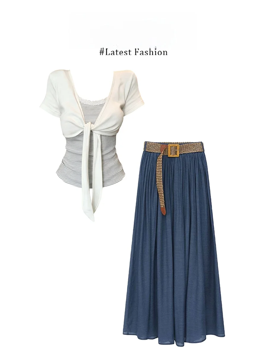 

Parkyeon Summer Outfit Women's Fashion Set High Waist Halter Top Cardigan Short Sleeve round Neck Casual Style Two Pieces