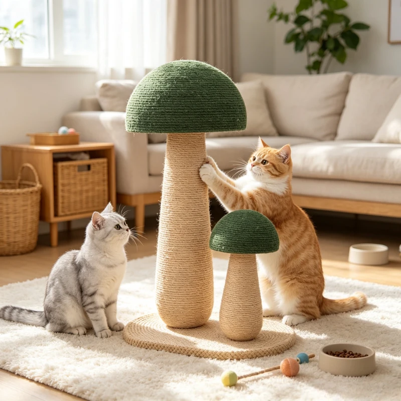Double Mushroom Cat Scratching Posts Tall Sisal Columns with Round Base Indoor Claw Toy 고양이 스크래처