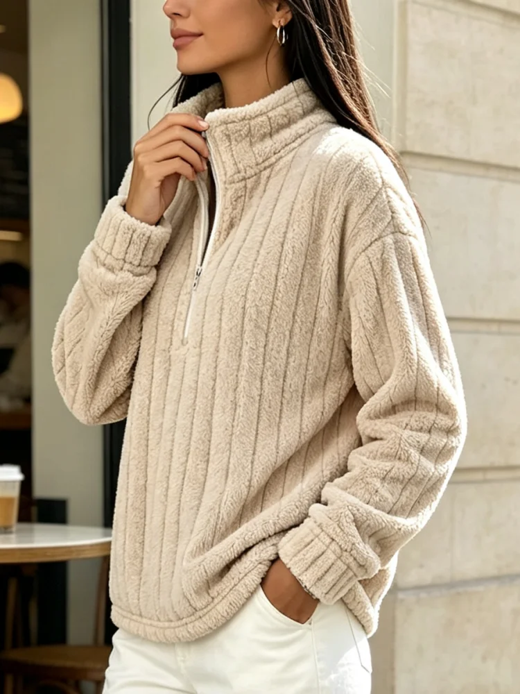 Women's Half Zip Fleece Sweatshirt Ribbed Fluffy Plush Pullover Lapel Collar Long Sleeve Loose Casual Winter Top