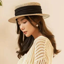 Women's Summer Straw Hat Flat Top Sea Grass Ribbon Band Boater Hat Lightweight Wide Brim Panama Straw Sun Hat