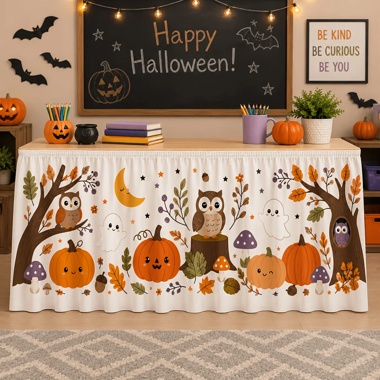 Cute autumn Halloween table skirt with cartoon prints, forest harvest Halloween party decorationxzj
