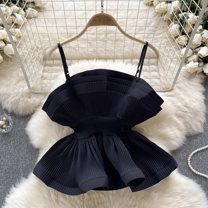 

Resort Camisole Top Women's Fashion Ins Style Niche Pleated Chic Ruffled Waist Slim Fit Hot Girl Blouse