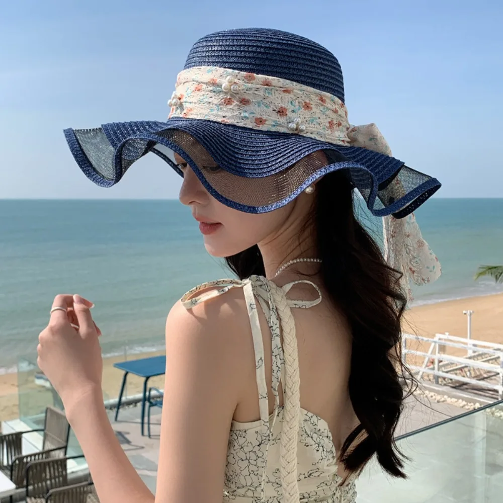 

Adjustable Breathable Lace Streamers Straw Hat Pearl Bowknot Wide Brim Sun Hat Elegant Sweet Fisherman Sunshade Cap Woman