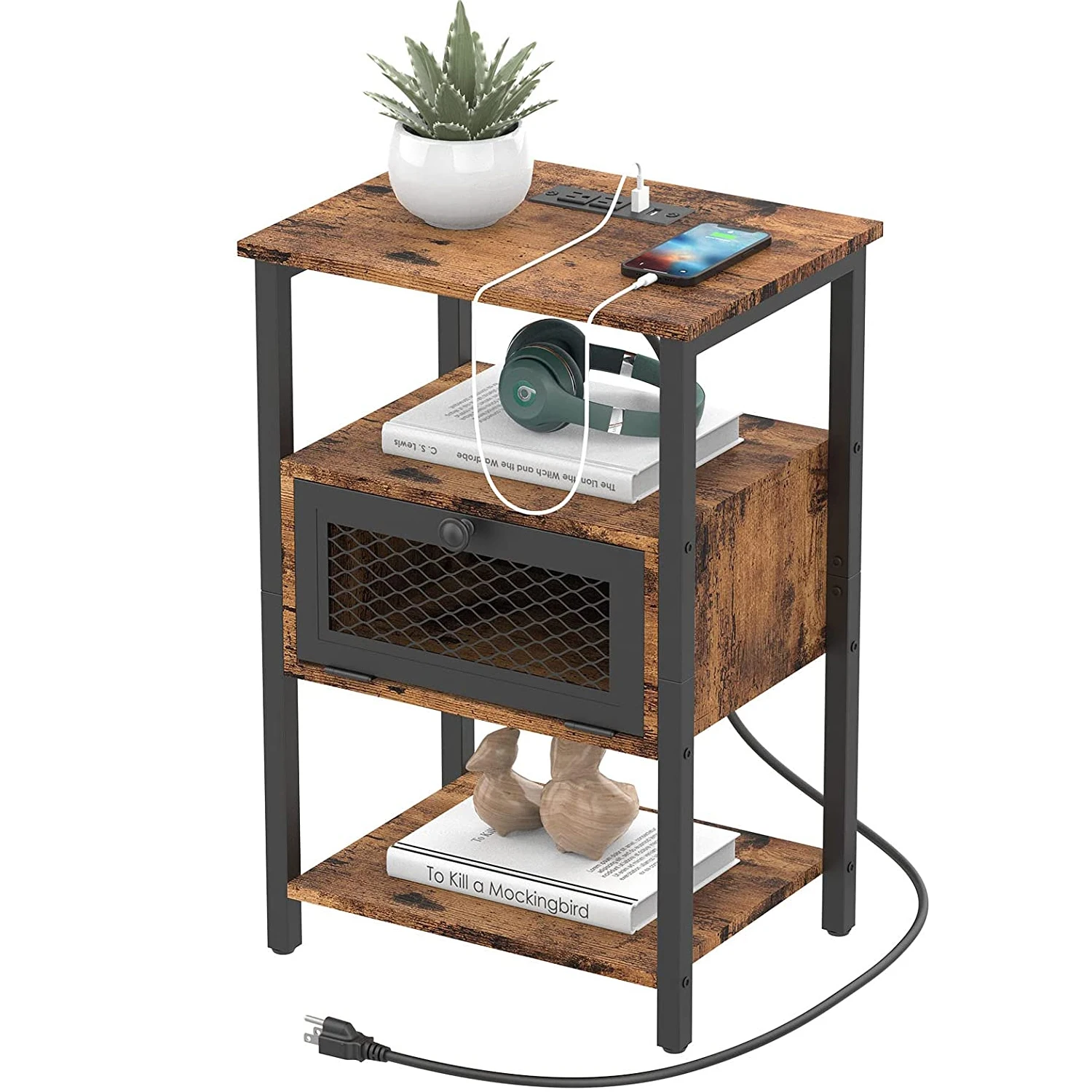 Nightstand with Charging Station, End Table with Power Outlets and USB Ports, Farmhouse Side Table with Drawer and Storage Shelf