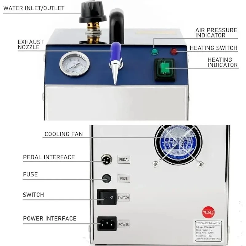 Professional Jewelry Steam Cleaner 1300W 2L 110V Non-Noise High-Pressure Cleaner with Accessories Safe Multi-Purpose Use