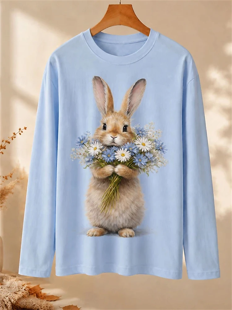 New Fall Women's Long-Sleeve Top Cute Rabbit Bouquet Print Artistic Street Style Loose-Fitting Minimalist Long-Sleeve T-Shirt