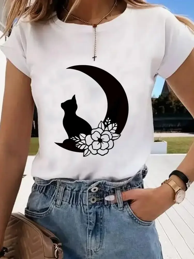 Camiseta feminina com manga curta, gato animal, roupa estilo adorável, camiseta feminina, camiseta gráfica para senhora, moda primavera e verão