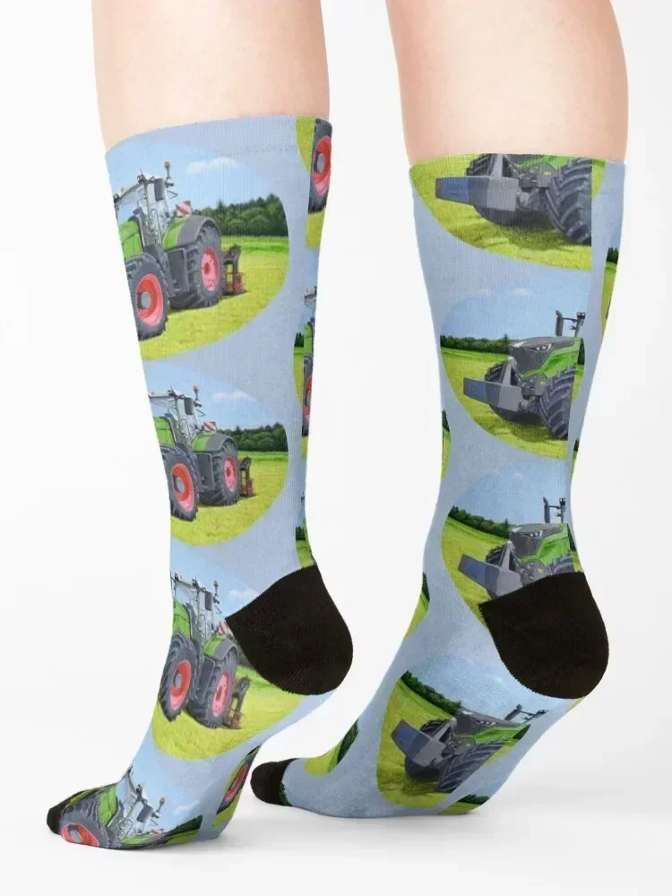 Green Tractor in Field (blue) Socks cute Stockings Wholesale winter gifts Socks Male Women's