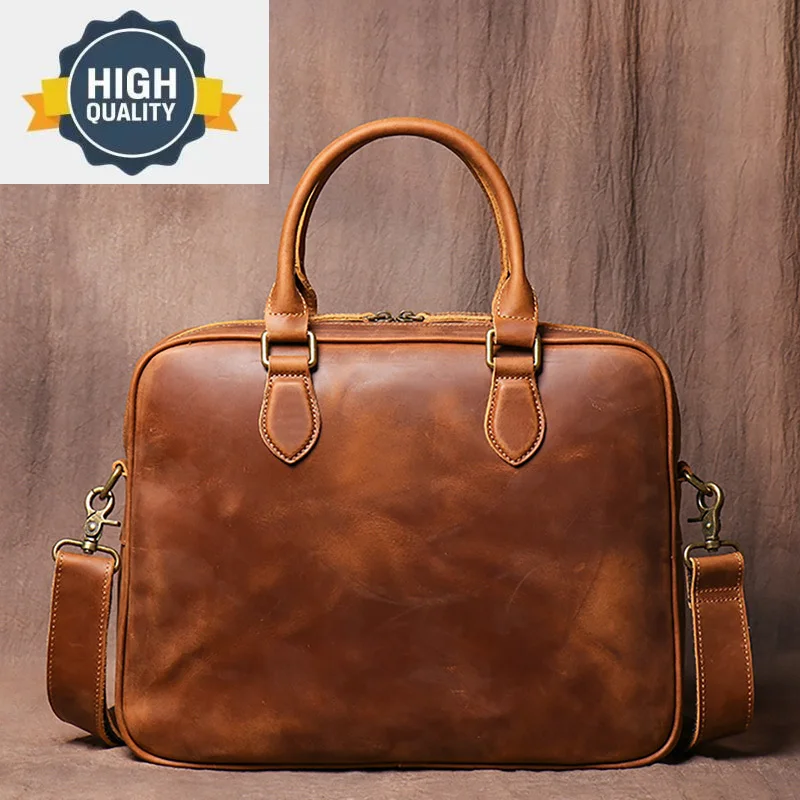 

Horse Leather Crazy Men Briefcase for Man Suitable Storing Documents 14 Messenger Bag Business Retro Brown Handbag