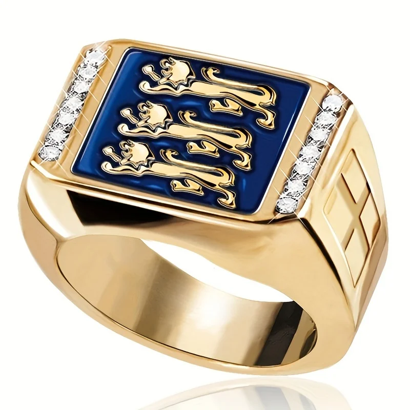 Mode-Design England Löwe Geschnitzte Ring männer Luxus 18K Gold Überzogene Zirkon Stein Blau Emaille Punk Ringe Retro schmuck Geschenk