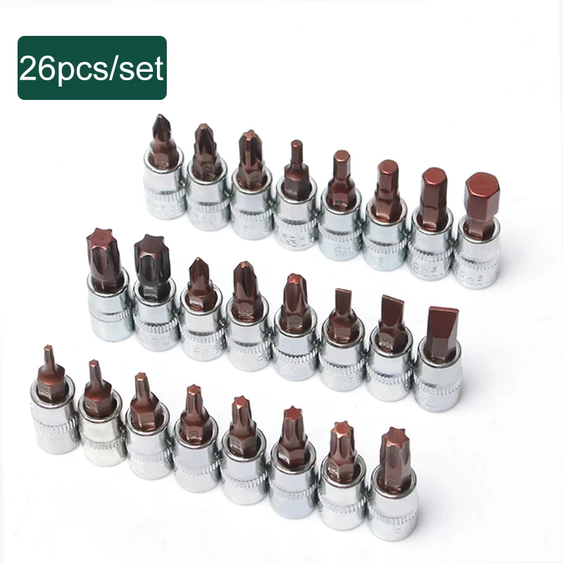 

26pcs/set Hex Torx Slotted Phillips Pozidriv Screwdriver Socket Bit Set 1/4 Inch Drive Socket wrench Hand Tools Kit Cr-V Steel