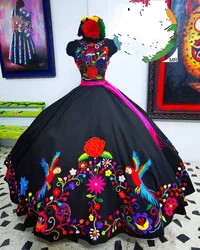 Black Charro Embroidery Quinceanera Dresses Prom Sweet 16 Mexican Girls Sleeveless Zipper vestidos de 15 aƱos cutomsized