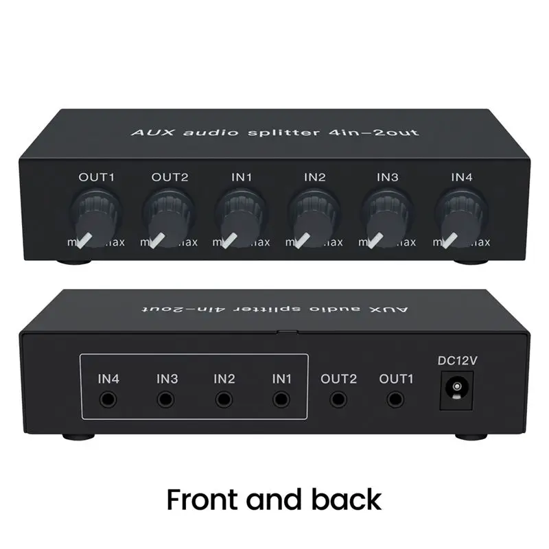 AS95 4 in 2 Out Audio Switch Mixer Splitter 3.5mm AUX Stereo High Fidelity with Op for Amp Volume Adjustment US Plug