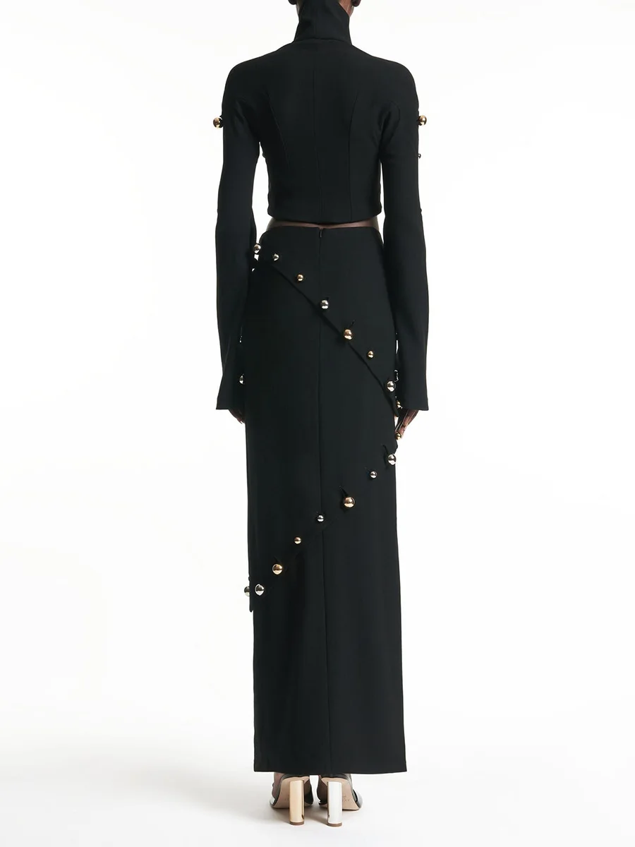 Spliced Beading Two Piece Set for Women Stand Collar Long Sleeve Irregular Slim Top High Waist Stright Skirt Suit Female  Newest