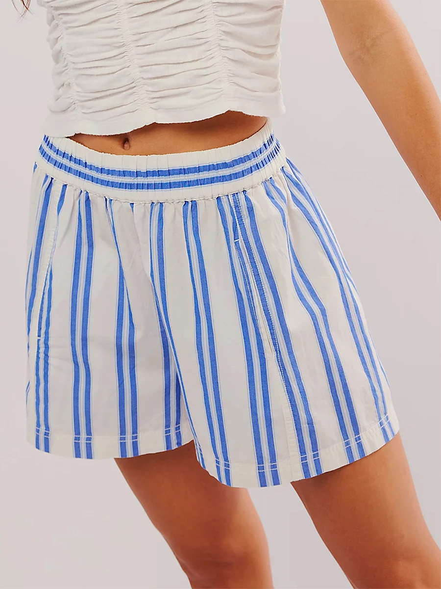 Women Summer Casual Pajama Shorts Kawaii Plaid Boxer Shorts Elastic Waist Shorts Vintage Striped Shorts with pocket Beach Pants